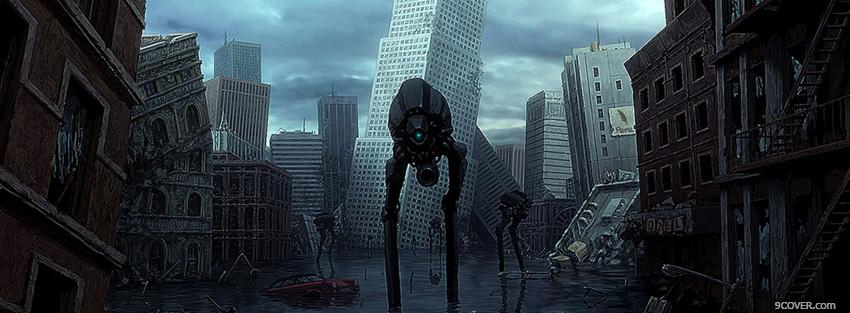Photo sci fi city with monster Facebook Cover for Free