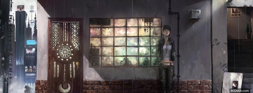 Photo anime city rainny day Facebook Cover for Free